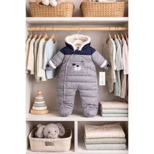 Rothschild Baby Boy Animal Pram Snowsuit Grey Navy Bear Hooded Bunting 12M NEW